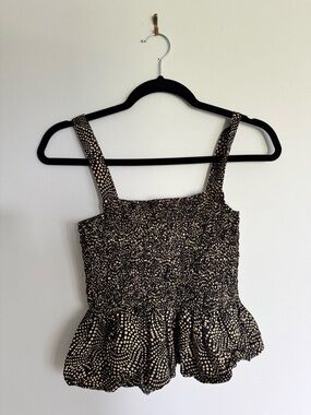 Madewell Smocked Square-Neck Peplum Tank Top - Black with Cream Dot Print Size 4